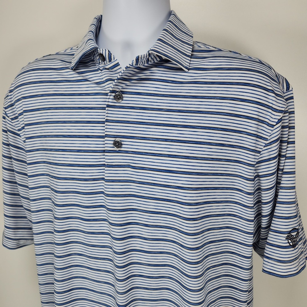 FootJoy FJ Golf Polo Shirt Mens Large White Blue Striped Short Sleeve Stretch